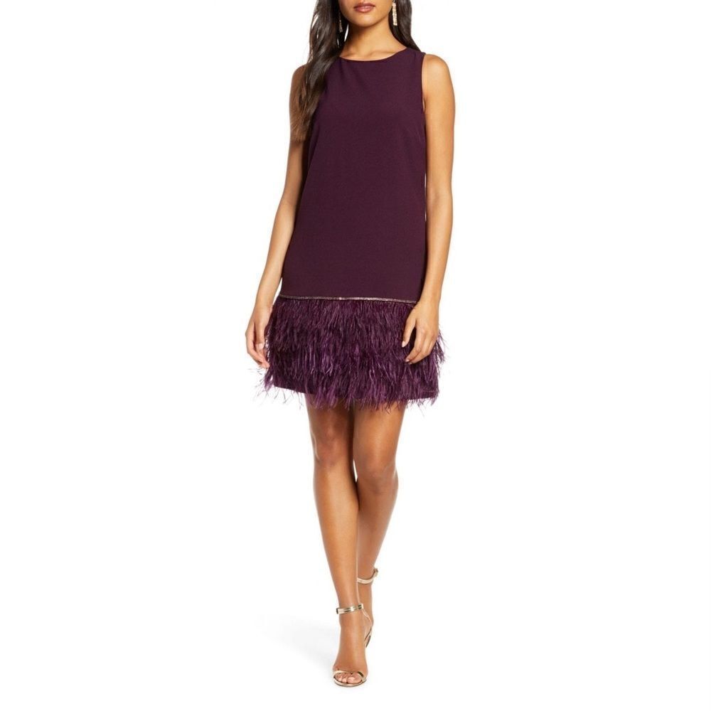 TAHARI - Feather Detail Sleeveless Crepe Shift Dress